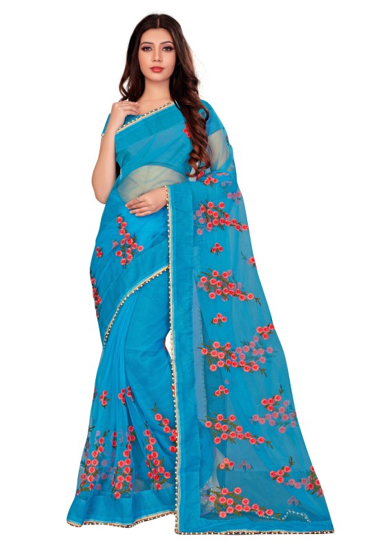 Monrav Embroidered Fashion Net Saree(Light Blue)