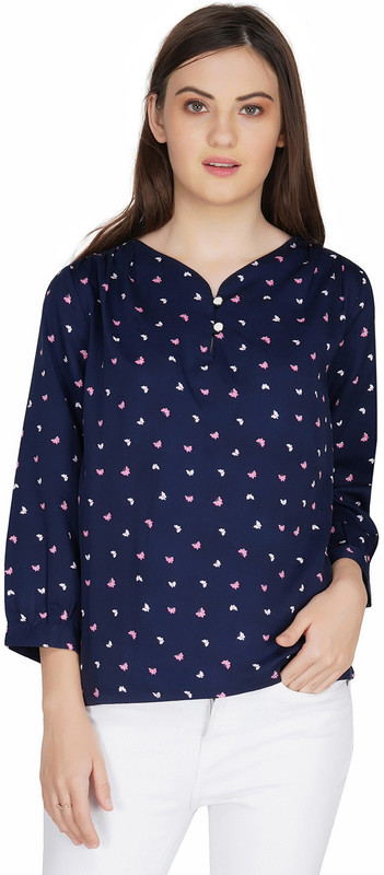 faborito Casual 3/4 Sleeve Printed Women Dark Blue Top