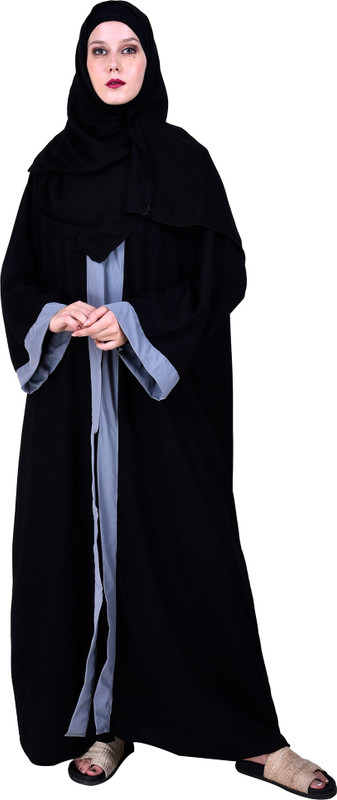 vanilla scarf AB31-2 Cotton Linen Blend Solid Abaya With Hijab(Black)