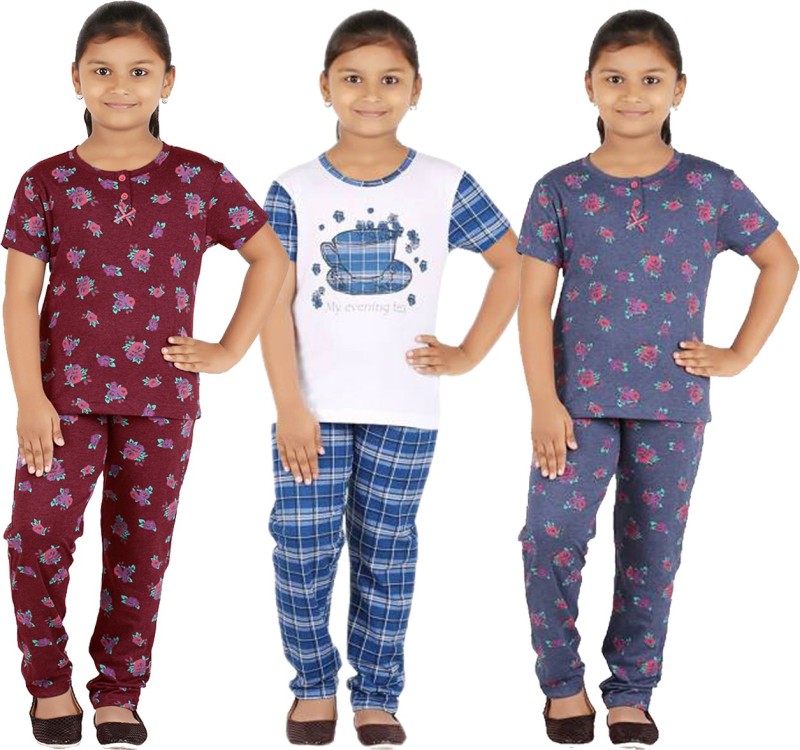 FICTIF Kids Nightwear Girls Printed Cotton Blend(Multicolor Pack of 2)