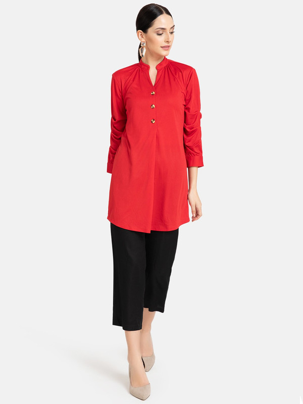kazo Casual 3/4 Sleeve Solid Women Red Top