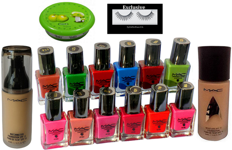 exclusive Eyelashes,Mac 12 Nail Polish In Any Color,Moisturs & Foundation(16 Items in the set)