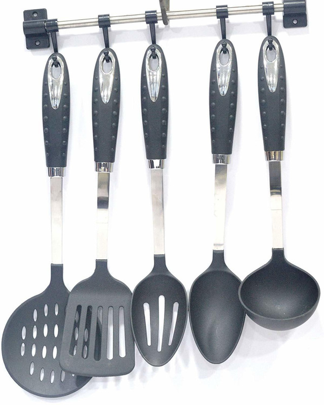 lacuzini Royal 5pcs Nylon Material Cooking and Serving Spoon Set Royal Design Black Kitchen Tool Set(Black)