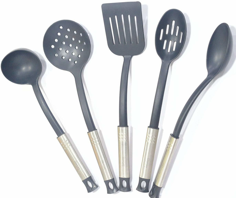 lacuzini ELes 5pcs Nylon Material Cooking and Serving Spoon Set Eles Design Black Kitchen Tool Set(Black)