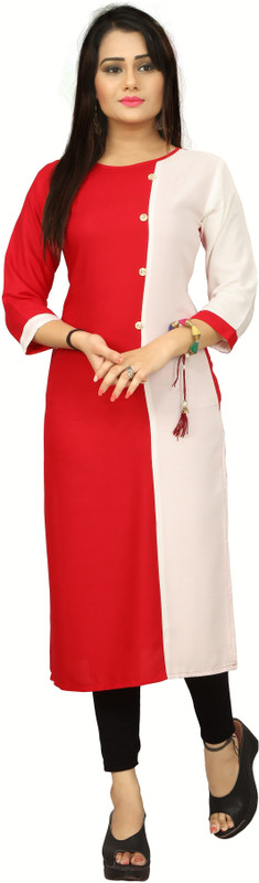 regaliz Casual Color Block Women Kurti(Red, White)