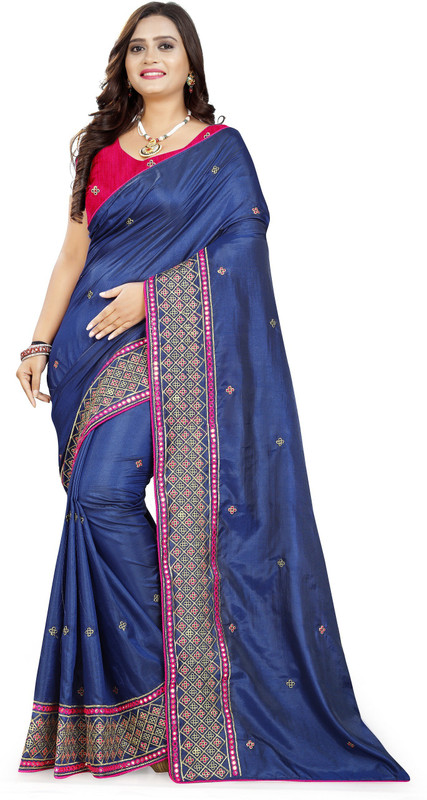 naomika Embroidered Bollywood Silk Blend Saree(Blue)