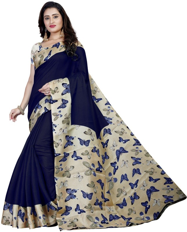 Vimalnath Synthetics Printed Kalamkari Cotton Blend Saree(Dark Blue)