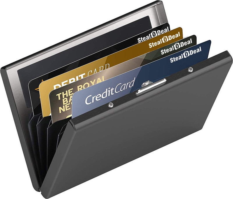 StealODeal RFID Protected Black Slim Stainless Steel Debit/Credit/ATM Slots 6 Card Holder(Set of 1, Black)
