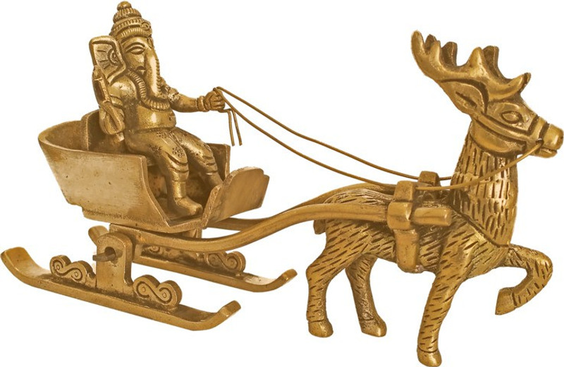 vgocart Brass Ganesha Enjoying Ride With Deer in Santa Claus Getup Showpiece Decorative Showpiece  -  11.43 cm(Brass, Gold)