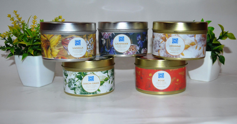 jar candles SET OF 5 TIN CANDLES Candle(Green, Purple, Red, Beige, Yellow, Pack of 5)