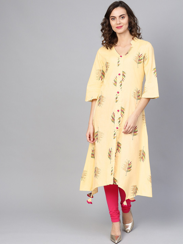 la firangi Women Floral Print A-line Kurta(Yellow)