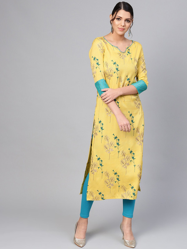 la firangi Women Floral Print Straight Kurta(Yellow)