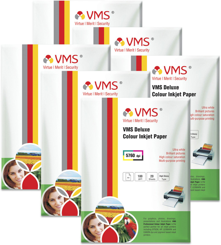 VMS Deluxe Colour  A4 Photo Paper 210x297mm Glossy 180gsm Water Resistant Instant Dry For All Inkjet Printers – (120 Sheets) Unruled A4 Inkjet Paper(Set of 6, White)