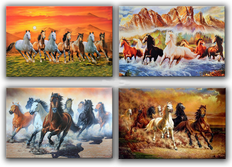 Seven Lucky Running Horses Vastu Wallpapers Fully Waterproof Vinyl Sticker Poster (12X18) (Pack of 4) Paper Print(12 inch X 18 inch)