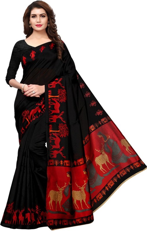 Saara Printed, Animal Print Kalamkari Art Silk Saree(Multicolor, Red, Black)