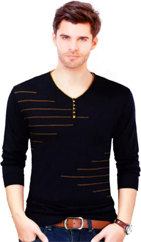 krisin Solid Men Henley Neck Black T-Shirt