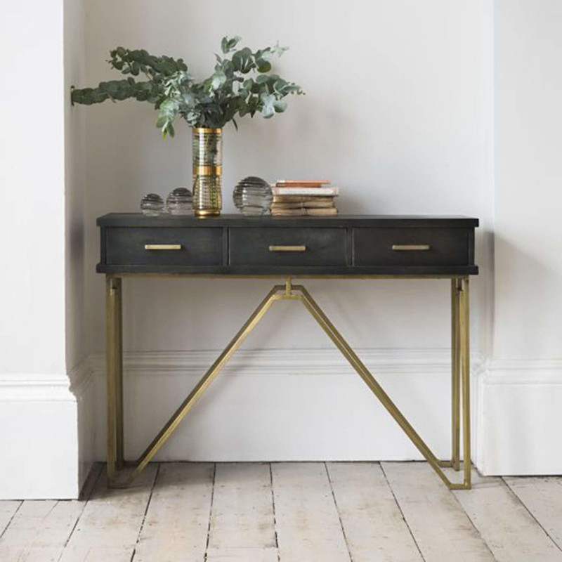 romanchy CASINO 3 DRAWER CONSOLE GOLDEN FRAME Solid Wood TV Entertainment Unit(Finish Color - Golden Frame & Black Solid wood Top)