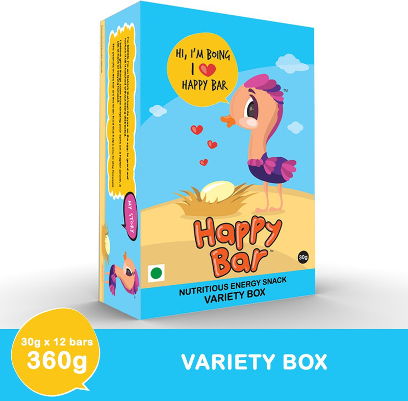 happy bar Variety Box, 30g X 12 Bars Nutrition Bars(12 No, Original - Jaggery, Peanut, Cashew Raisin, Coconut Almond, Cranberry Almond Chocolate, Cranberry Almond, Chilli Lemon)