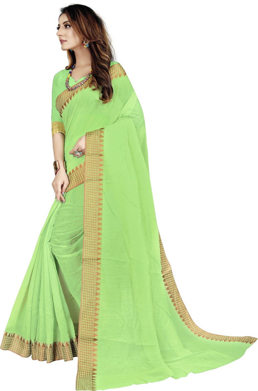 indian youth Woven Chanderi Cotton Silk Saree(Green)