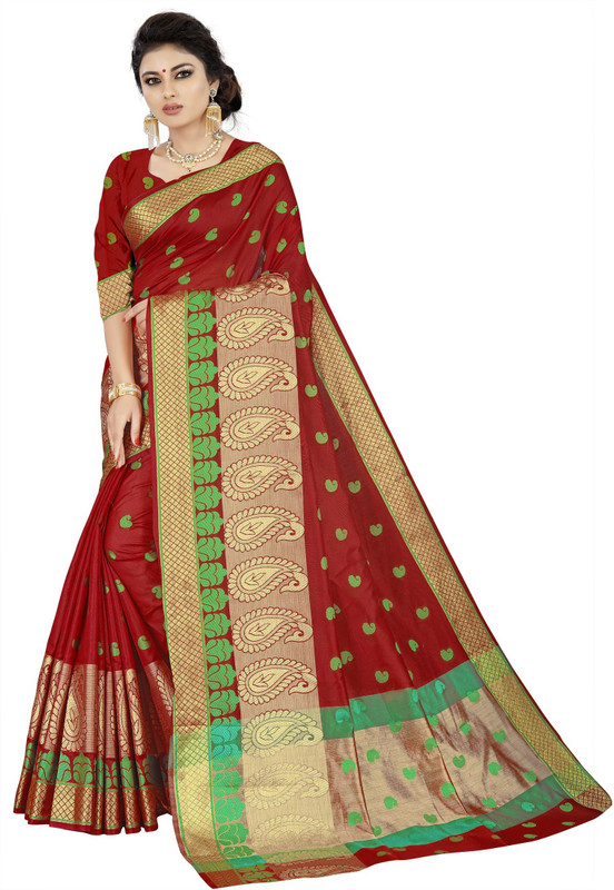 indian youth Checkered Banarasi Jacquard Saree(Red)