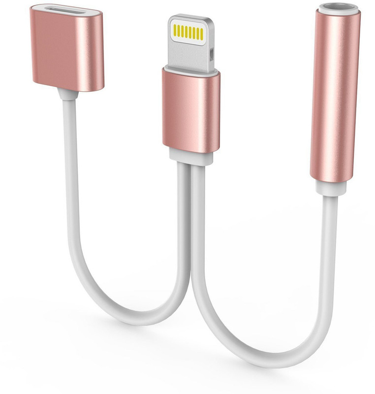 mobhead HIGH QUALITY 3.5 mm Audio to Lightning Adapter 0.1 m Headphone Splitter(Compatible with all ios android smartphone, White, Pink, One Cable)