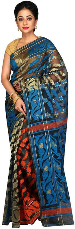 ar shop Printed Jamdani Cotton Silk Saree(Blue)