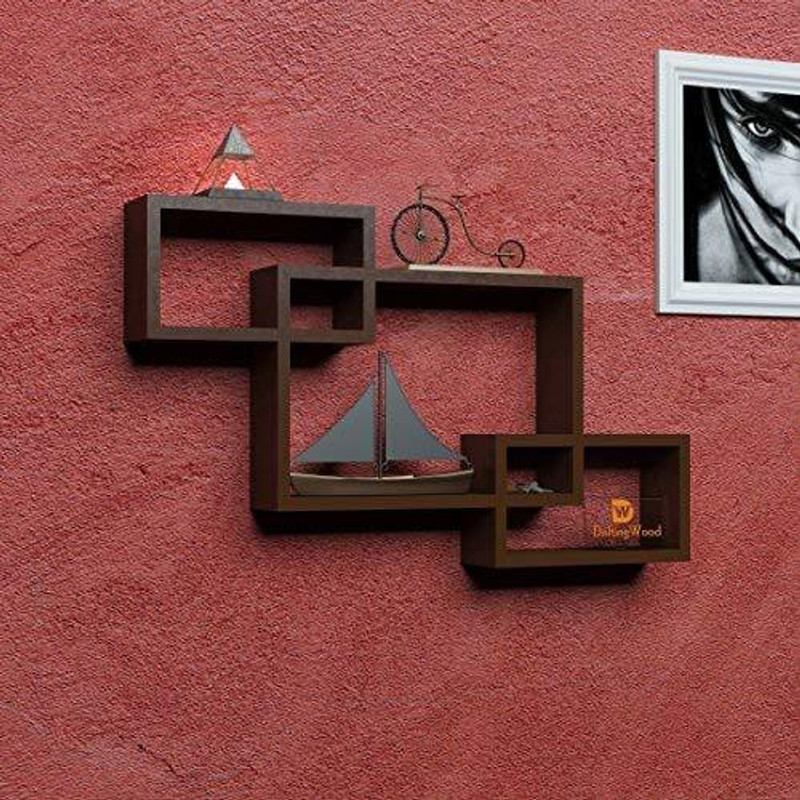 sky art Intersecting Wall Mounted Shelf For Living Room Home Decor Floating Shelves - Set of 3, Brown Engineered Wood Display Unit(Finish Color - BROWN)