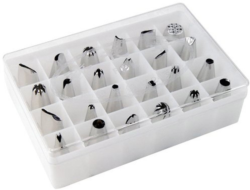 BAKERS4U 24pcs Cake Decorating Icing Piping Stainless Steel Nozzle Set with Box Stainless Steel Speciality Icing Nozzle(Silver Pack of 24)