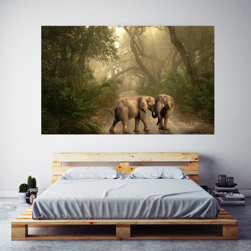 Two Elephants Landscape Wall Art Canvas Painting Paper Print(24 inch X 48 inch)