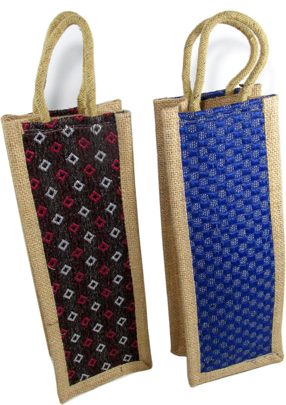 ehuntz 1Ltr Jute Bag for water bottle carry bag & wine bag /gift bag set of 02, (EH2086)(Multicolor)