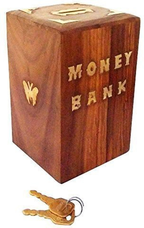 ydv toys Special valentine day gift, Handmade Wooden Money Bank Square Shape Coin Box, Butterfly Inlay Piggy Bank, Money Storage Box, Safe Money Bank with lock for All Ages Gift for Kids | Boys | Girls | Adults - Butterfly Motif | Handmade | Christmas | Xmas Coin Bank(Brown)