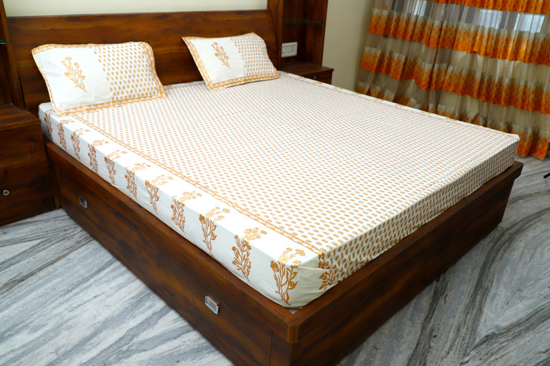 dwar 144 TC Cotton Double Floral Bedsheet(Pack of 1, White Base Golden Foil Print)