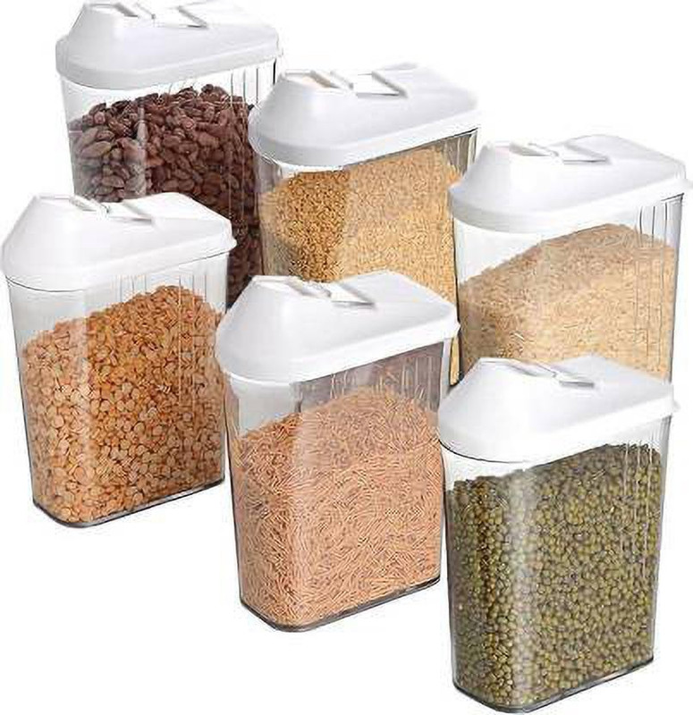 morton davies Storage Container for Kitchen Combo, Cereal Dispenser Easy Flow Storage Jar Storage Box Lid Food Rice Pasta Pulses Container, Storage containers,Masala Boxes for Kitchen,Masala containers  - 1700 ml Plastic Grocery Container(Pack of 6, White)