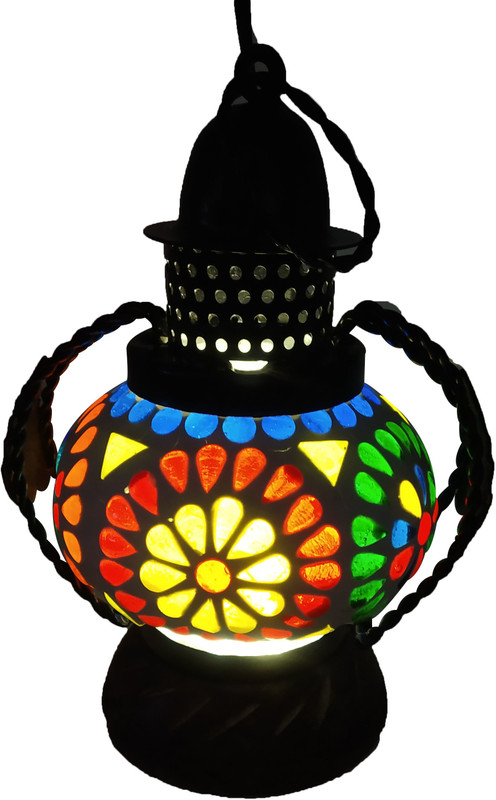 dru arts Multicolor Wooden, Glass Hanging Lantern(20 cm X 10 cm, Pack of 1)