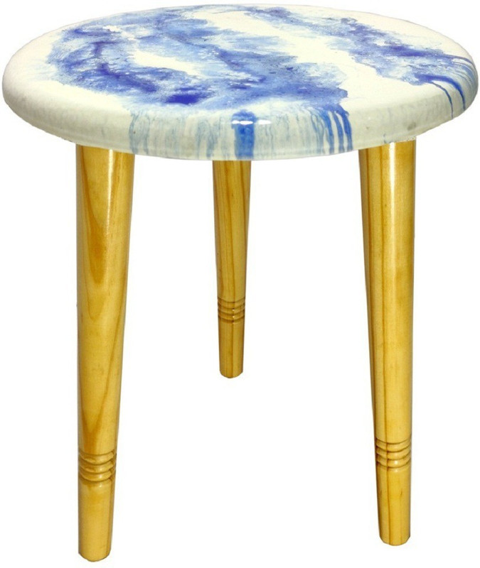wood art india WOODEN MARBLE LOOK RESIN TABLE Solid Wood Bedside Table(Finish Color - WHITE BLUE RESIN GLOSSY TOP AND NATURAL WOOD LEGS)