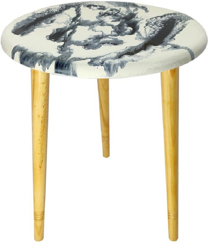 wood art india WOODEN MARBLE LOOK RESIN TABLE Solid Wood Bedside Table(Finish Color - WHITE BLACK TOP AND NATURAL WOOD LEGS)