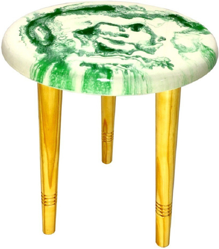 wood art india WOODEN MARBLE LOOK RESIN TABLE Solid Wood Bedside Table(Finish Color - WHITE GREEN RESIN GLOSSY TOP AND NATURAL WOOD LEGS)