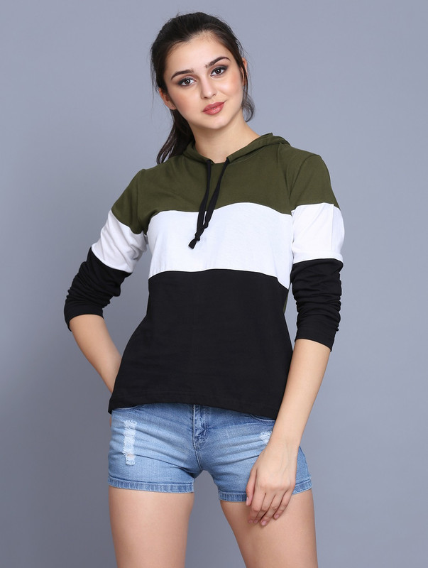 fabstone collection Color Block Women Hooded Neck Light Green T-Shirt