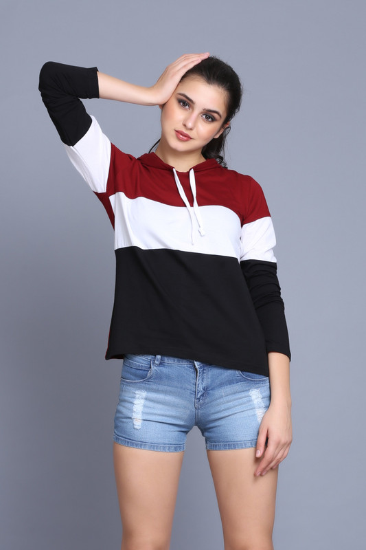 fabstone collection Color Block Women Hooded Neck Maroon T-Shirt