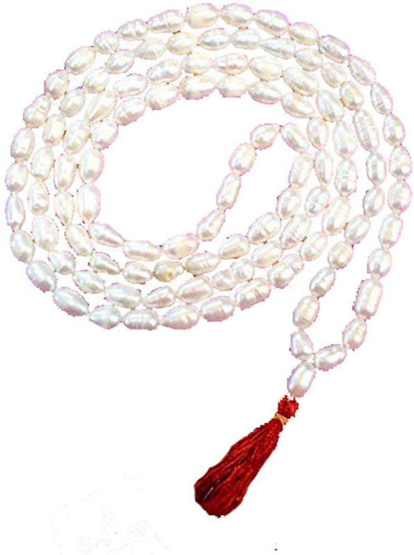 shahinpearlmart Real Freshwater Pearl, Saacha Moti Mala (6.5 mm) Rain Drop Oval Shape 108 Beads Necklace for Women Girls Men Silk Dori Necklace