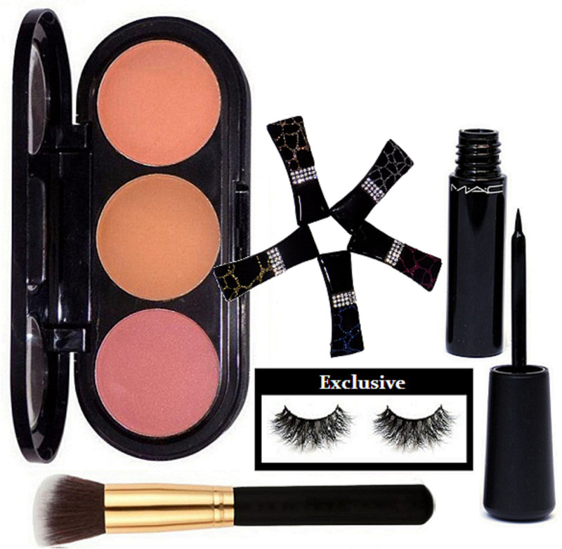 exclusive Eyelashes, 3 Shade Blusher Compact, Eyeliner, Make Up Brush, Hair Clip(9 Items in the set)