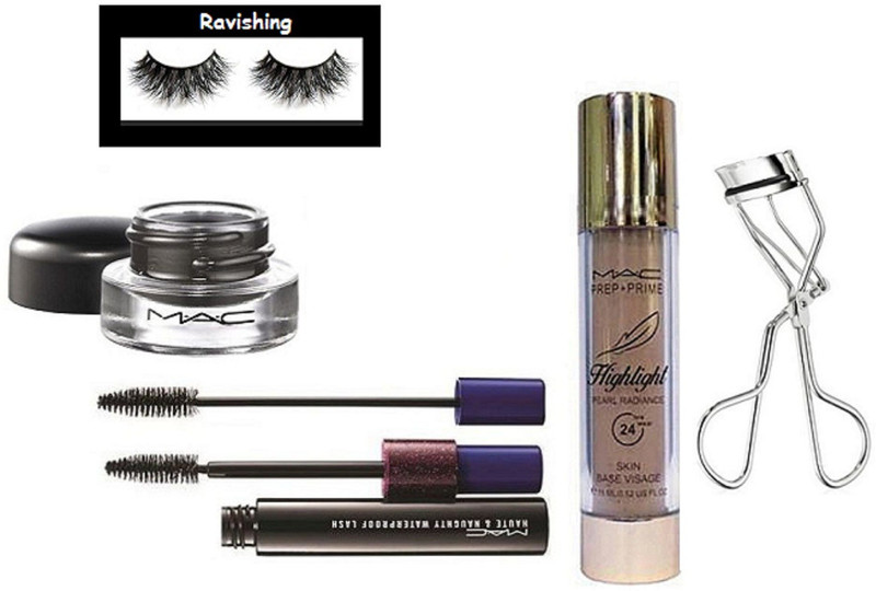 ravishing Eyelashes,Mac Prep Prime 24 Highlighter Skin Base Visage ,Haute Naughty Mascara,Curler,Mac Waterproof Gel Eyeliner Fluidline(5 Items in the set)