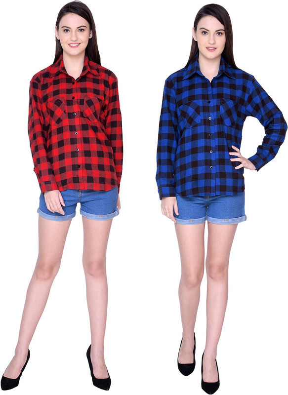 blossom boutique Women Checkered Casual Red, Blue Shirt(Pack of 2)