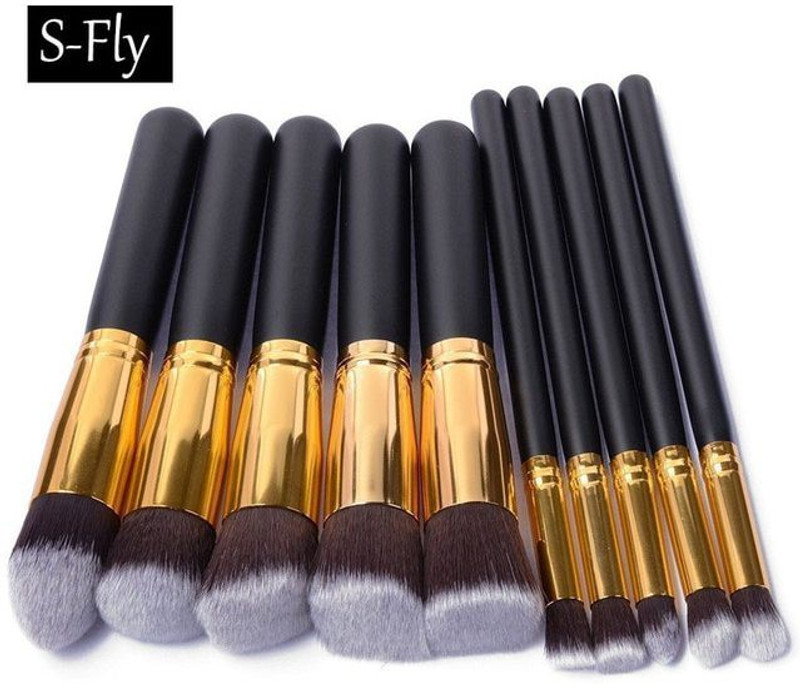 Kylie Black and Golden Wooden Handle makeup brush 10 black(Pack of 10)