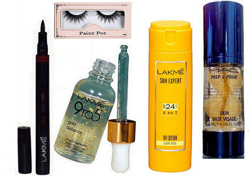 paint pot Eyelashes, 9to5 Pen Eyeliner, Gold Radiance Face Serum, Sun Expert UV Lotion, Skin Base Visage Primer(5 Items in the set)
