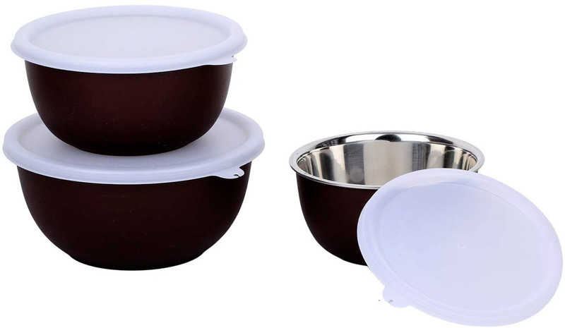 prateek kitchenware Matte Finish Microwave Safe Serving Bowls with Lid Set of 3 Brown (1250 ml, 750 ml and 500 ml) Stainless Steel, Plastic Serving Bowl(Blue, Pack of 3)