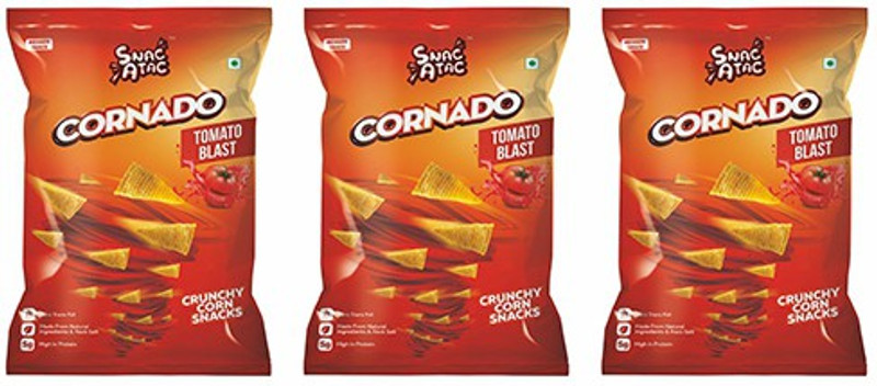 snacatac Cornado Tomato Blast Rush, Corn Cone Snacks -100g Each (Pack of 3) Chips(3 x 100 g)