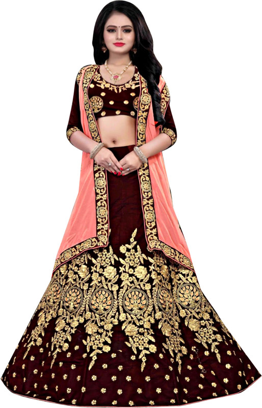 aadhiya impex Embroidered Semi Stitched Lehenga, Choli and Dupatta Set(Purple, Gold, Pink)