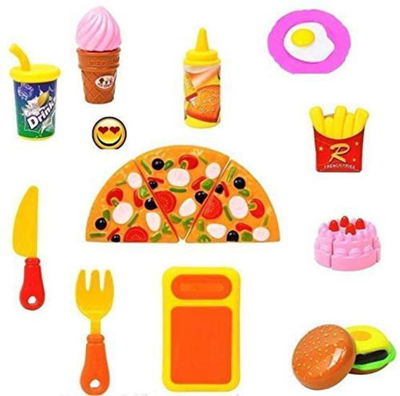 nilkhanth 13 Pcs Realistic Slice-able Cutting Fast Food Kitchen Set Toy with Various Items Like Pizza, Burger, Cake, Ice Cream & Many More, Knife, Spoon, Fork for Kids toy