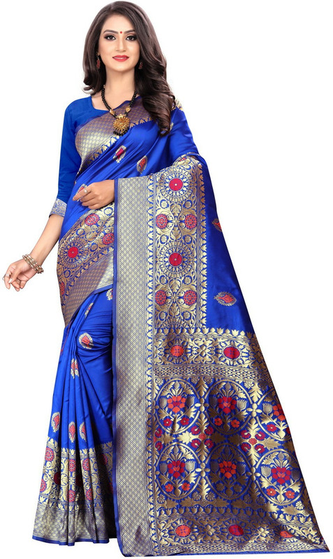 shoppershopee Woven Kanjivaram Jacquard Saree(Blue)